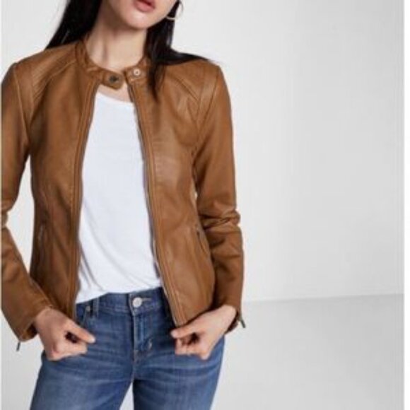 Apt. 9 Jackets & Blazers - NEW APT 9 Womens Faux Brown Leather Jacket Moto Biker Coat Size Small Zip Front